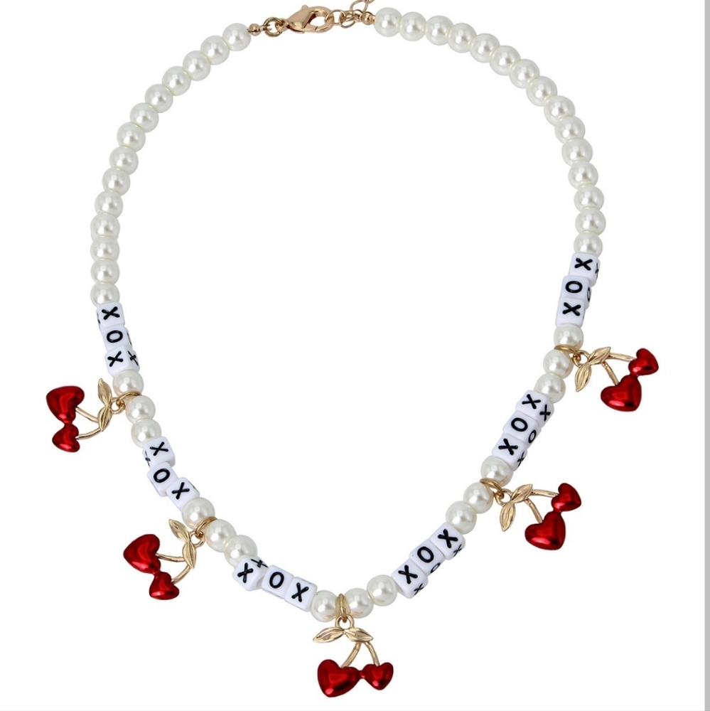 Betsey Johnson Beaded Cherry and Pearl Necklace